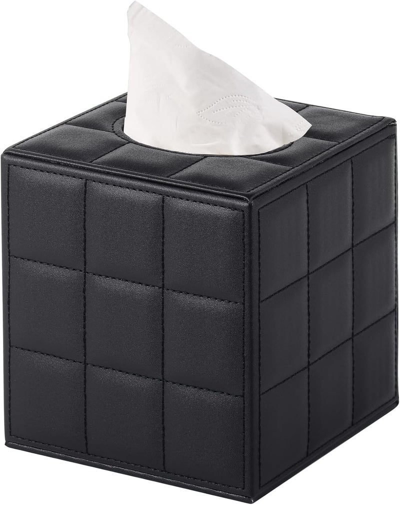 XNONE Tissue Box Cover Square Tissue Box Holder PU Leather Facial Organizer with Magnetic Bottom,Decorative Napkin Caddy for Vanity Dresser Night Stand Table Countertop Home Office Car,Black - Image 1